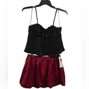 Black Satin Lace-Trim Cami with Wine Red Satin Bubble Skirt